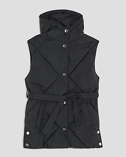 Girls Black Belted Hooded Gilet