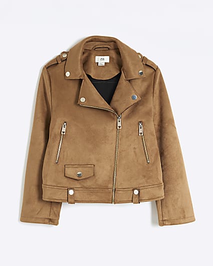 Girls Beige Faux Suede Biker Jacket