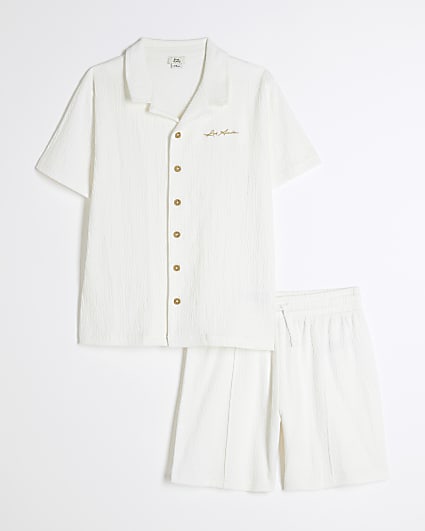 Boys White Textured Revere Shirt Set