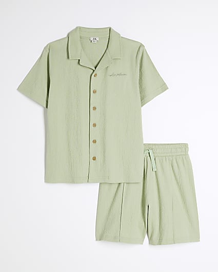 Boys Green Textured Revere Shirt Set