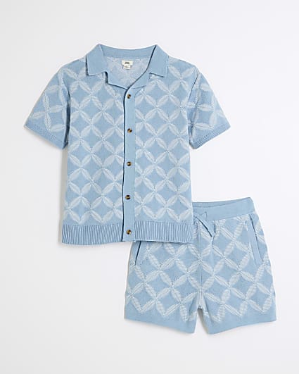 Boys Blue Geometric Polo Shorts Set