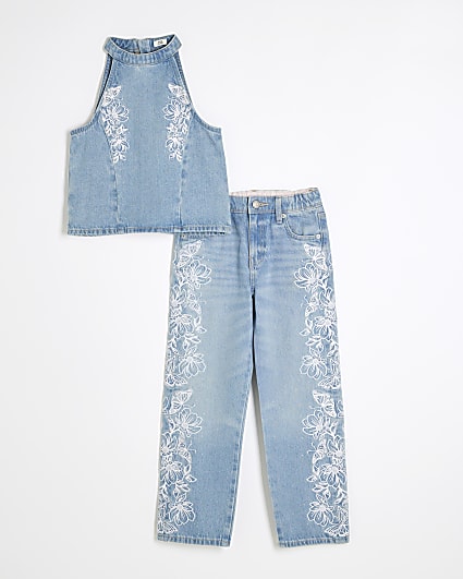 Girls Blue Denim Butterfly Embroidery Set