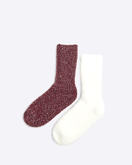 Girls 2PK  Red Metallic Fluffy Socks