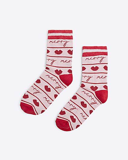 Girls Red Merry Christmas Socks