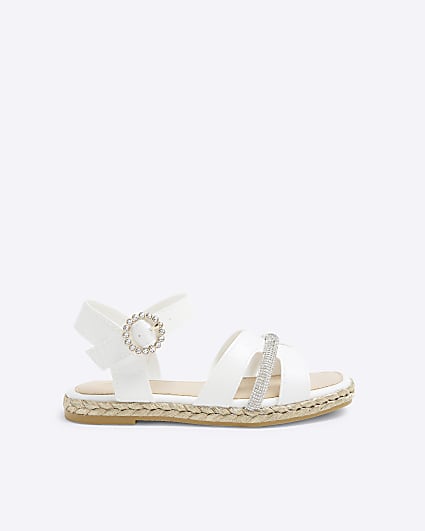 Girls White Faux Leather Diamante Sandals