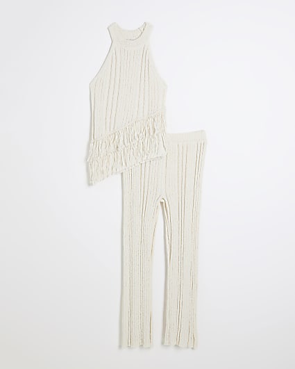 Girls Beige Asymmetric Rib Fringe Set