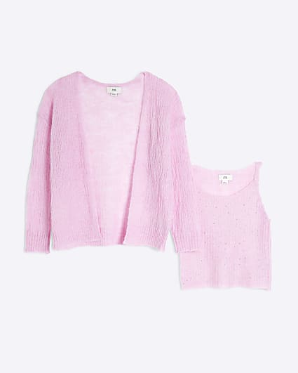 Girls Pink 2 in 1 Diamante Cami Top Cardigan