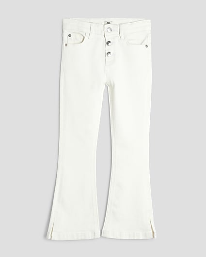 Girls White Denim Button Front Flared Jeans