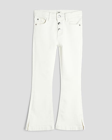 Girls White Denim Button Front Flared Jeans