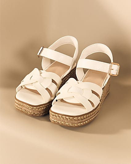 Girls White Faux Leather Weave Wedge Sandals