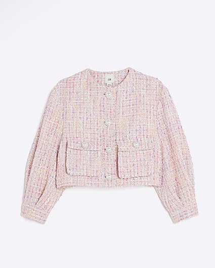 Girls pink boucle button up jacket