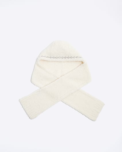 Girls Cream Embellished Hooded Scarf
