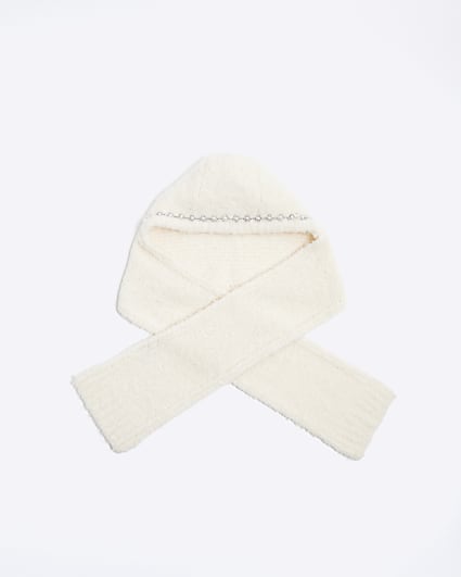 Girls Cream Embellished Hooded Scarf