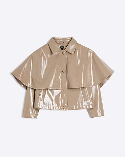 Girls Beige Faux Leather Cape Jacket