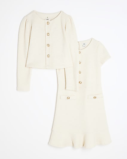 Girls Cream Boucle Cream Dress & Jacket Set