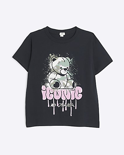 Girls black graffiti bear graphic t-shirt