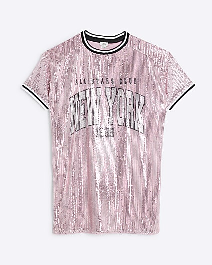 Girl Pink Sequin New York T-Shirt Dress