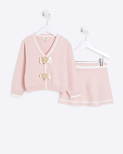 Mini Girls Pink 3D Bear Bow Cardigan Set