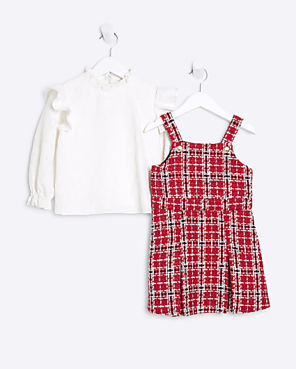 Mini Girls Red Boucle Lace Pinafore Dress Set