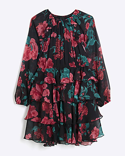 Girls Black Chiffon Floral Long Sleeve Dress