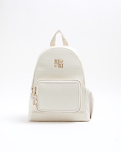 Girls Cream Faux Leather Weave Backpack