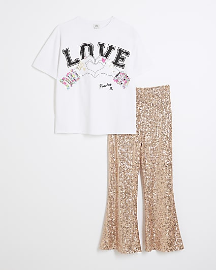 Girls white t-shirt and sequin trousers set