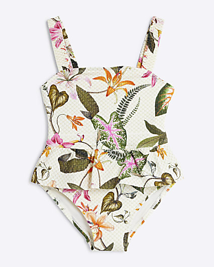 Mini Girls Cream Glitter Tropical Swimsuit