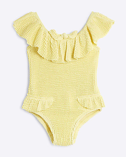 Mini Girls Yellow Textured Frill Swimsuit