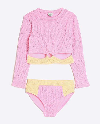 Girls Pink Textured Long Sleeve Bikini Set