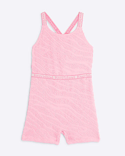 Girls Pink Textured Elastic Unitard Swimsuit