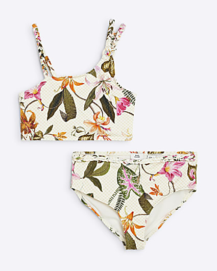 Girls Cream Glitter Tropical Bikini Set