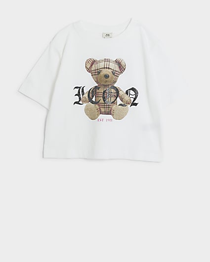 Girls white tartan bear graphic t-shirt