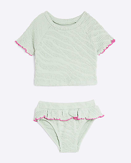 Mini Girls Green Textured T-Shirt Bikini Set