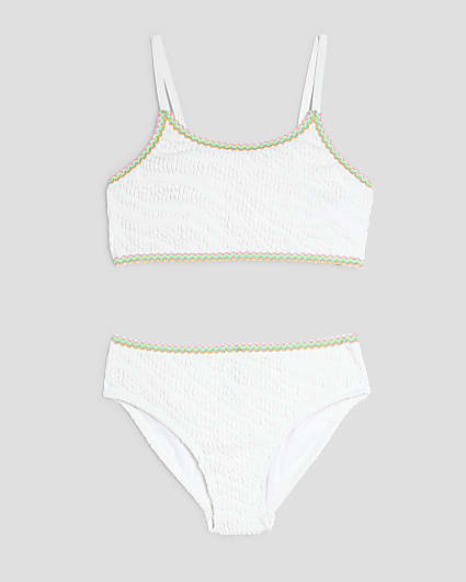 Girls White Zebra Textured Bikini Set