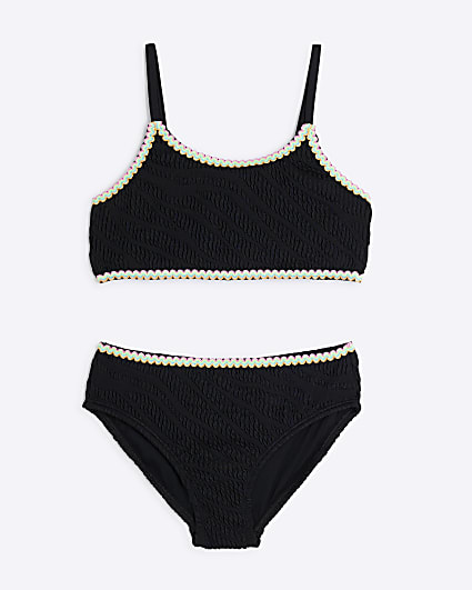 Girls Black Zebra Textured Bikini Set