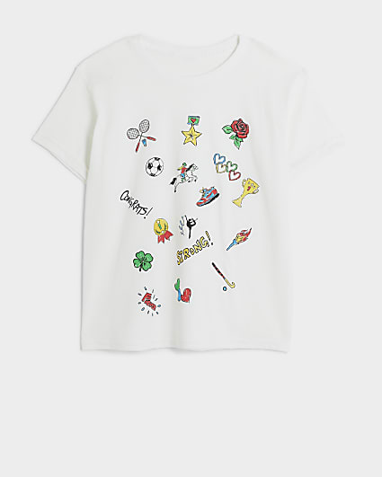 Girls white Olympics graphic icons t-shirt