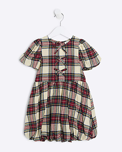 Mini Girls Red Checked Bow Puff Sleeve Dress