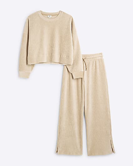 Girls Beige Corduroy Sweatshirt Set