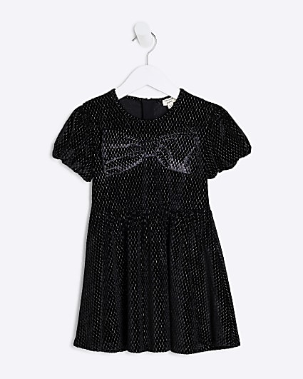 Mini Girls Black Velvet Bow Dress