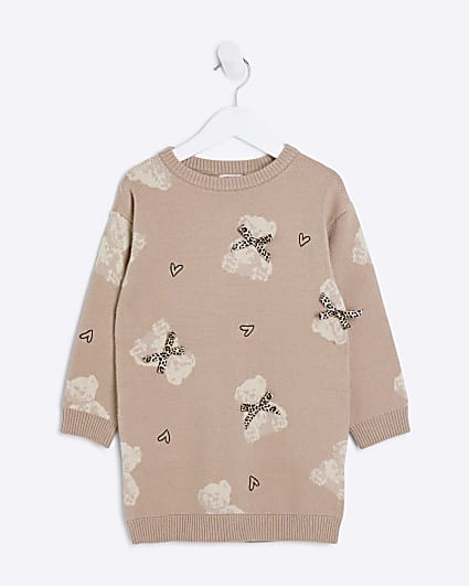 Mini Girls Beige Teddy Bear Jumper Dress