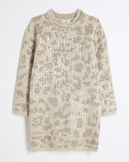 Girls Beige Leopard Print Sequin Jumper Dress