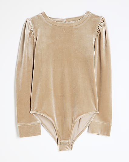 Girls Beige Velour Puff Sleeve Bodysuit