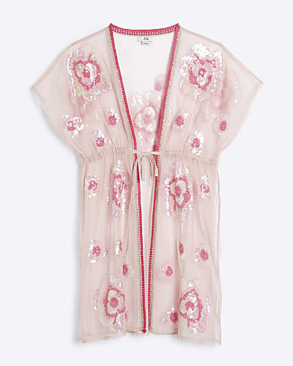 Girls Pink Sequin Flower Kaftan