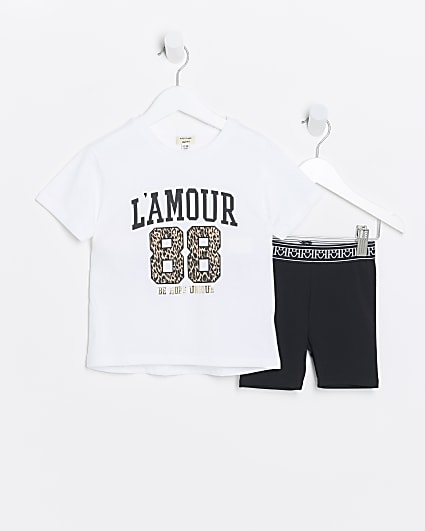 Mini girls white leopard t-shirt set