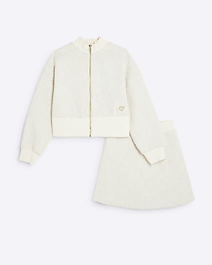 Girls Cream Jacquard Bomber And Skirt Set