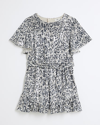 Girls Silver Sequin Animal Print Playsuit