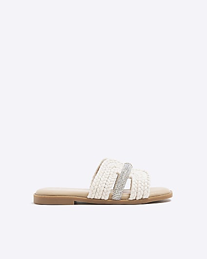 Girls Cream Raffia Diamante Sandals