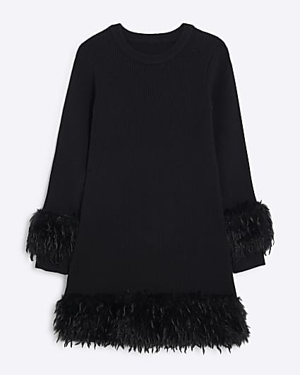 Girls Black Ribbed Knit Feather Trim Dress