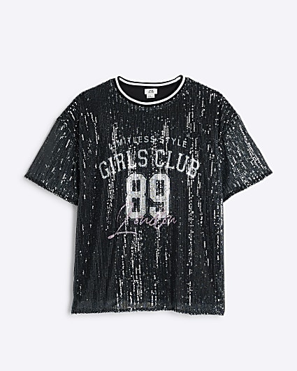 Girls Black Oversized Graphic Sequin T-Shirt