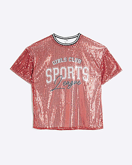 Girls Red Oversized Sequin T-shirt